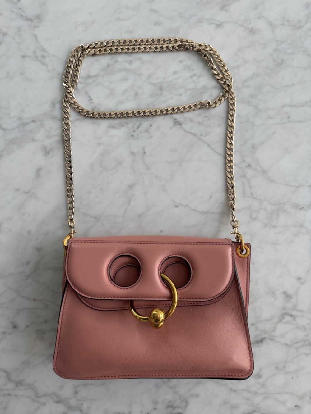 J.W. Anderson Pink Leather Mini Pierce Crossbody Leather Bag Chain